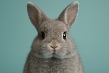 Obraz premium Adorable gray bunny with wide eyes and perked ears on teal pastel backdrop studio portrait with soft fur detail and gentle surprised expression