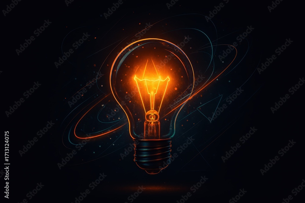 Poster creative glowing light bulb concept with swirling energy particles and abstract lines symbolizing br