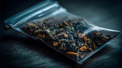 Dry herbs and ingredients sit inside a clear plastic bag on a wooden surface, ready to be steeped for an aromatic beverage.