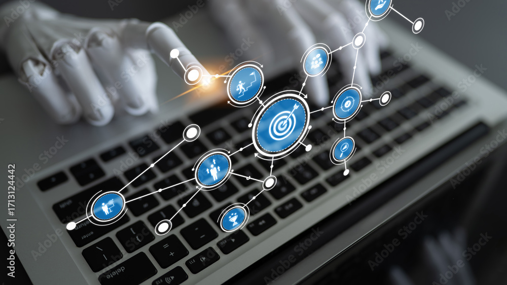 Poster a conceptual image showcasing robotic hands on a keyboard, interacting with glowing digital icons. t