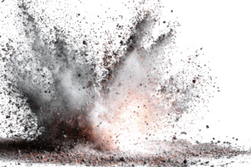 A powerful explosion erupts with a brilliant flash of light and a cloud of dark dust and debris scattering outwards against a white background.