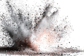 A dynamic explosion of dark dust and debris erupting upwards from a surface against a stark white background, showing a powerful impact.