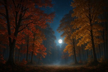 Fototapeta premium Moonlit autumn forest with luminous mist and rich scarlet and gold foliage under starry night sky atmospheric cinematic landscape