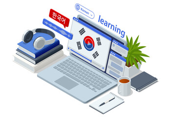 Korean, South Korea. Isometric person learning a foreign language with a virtual assistant on a tablet, showcasing modern digital education. Modern AI assistant for education, e-learning