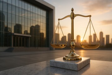 Golden scales of justice reflecting in glass courthouse and city skyline symbolizing corporate compliance and financial protection under law