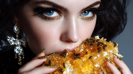 Woman with dramatic glitter makeup, jewel earrings, and matching glitter nails holding honeycomb covered in live bees close to her face.
