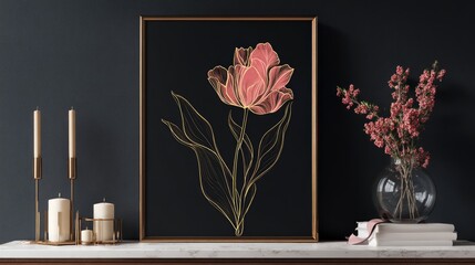 Elegant coral tulip line art framed print