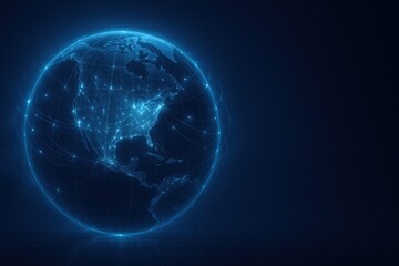 Digital atlas sphere with luminous data streams highlighting North America networks and trade routes futuristic blue hologram on dark gradient background