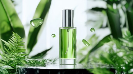 Serum bottle with microscopic algae and green herb extracts in futuristic space with floating bioluminescent particles, showcasing advanced botanical skincare innovation.