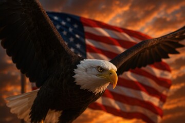 Naklejka premium Majestic bald eagle in flight with piercing gaze and USA flag fabric rippling in the wind powerful American pride wildlife portrait dramatic sky