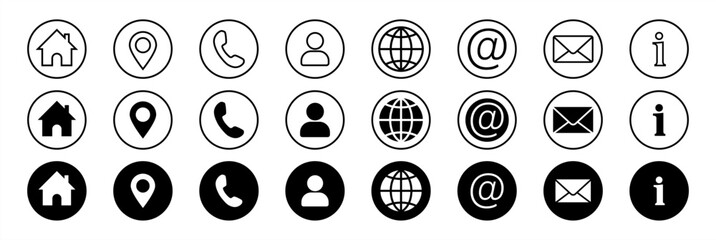 Business icon for company connection set in different style. Name, phone, mobile, place, location, mail, website and message card sign. Contact symbol design template. Vector 10 eps.