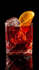 A crystal glass filled with a vibrant red drink, ice, and garnished with an orange slice, set against a dark backdrop.