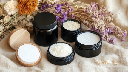 Eco-friendly zero-waste skincare collection featuring solid shampoo bars, reusable jars, sponges and brushes, arranged on linen with dried flowers and wooden elements.