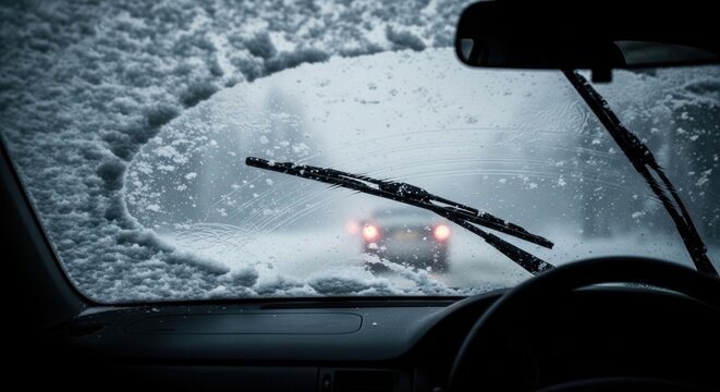 Sudden heavy snowfall creates dangerous driving conditions on icy road. Car windshield wipers struggle to clear thick accumulating snow and freezing rain.