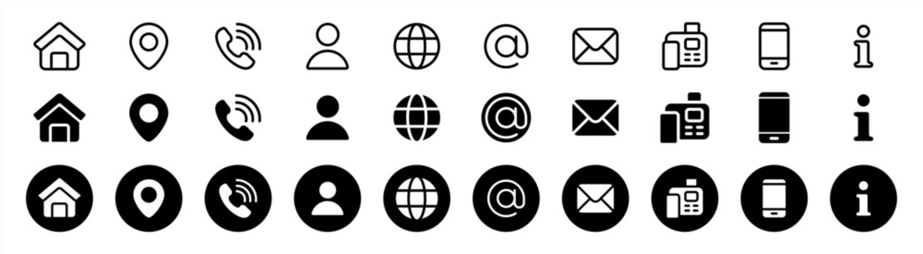 Business icon for company connection set in different style. Name, phone, mobile, place, location, mail, website and message card sign. Contact symbol design template. Vector 10 eps.