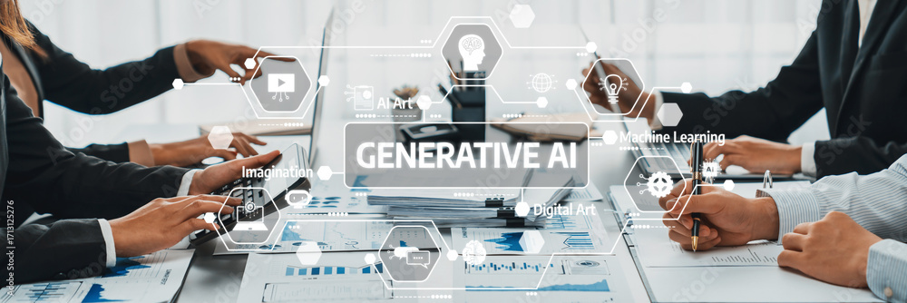 Poster A dynamic business meeting focusing on generative AI, showcasing teamwork and innovation in digital art and machine learning within a modern workspace environment. Amity