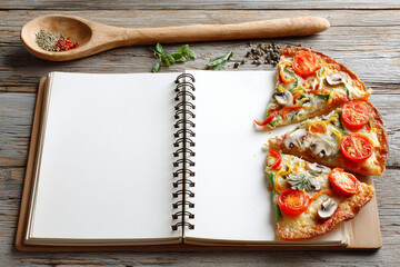 Notebook with pizza slices and herbs