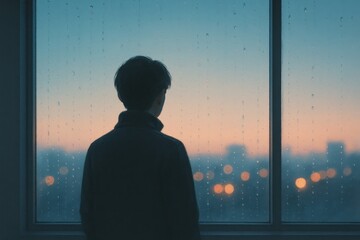 Quiet morning silhouette gazing through a rain speckled window soft city glow and reflective mood minimalist illustration capturing solitude and gentle hope