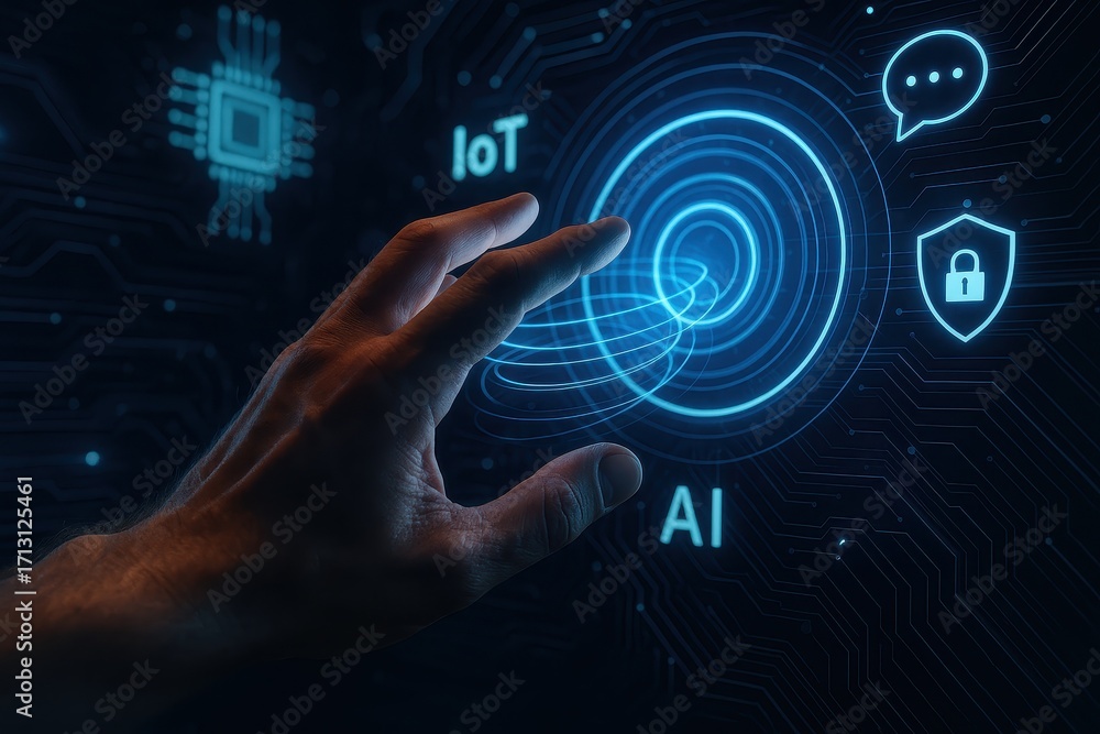 Aufkleber futuristic hand interacting with holographic network of ai agents iot devices and encrypted data str