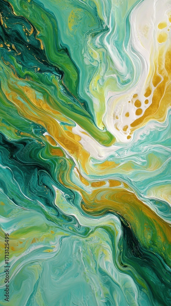 Poster abstract flow of emerald and gold, dynamic liquid forms.