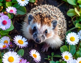Hedgehog in a flower garden