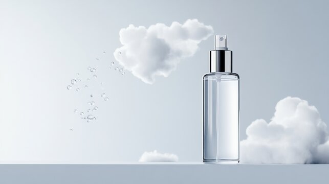 High-tech spray bottle with attachments, releasing gentle steam mist, highlighting antibacterial properties of hypochlorous acid, clean white background with water droplets.