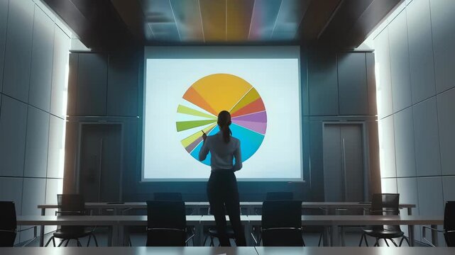 Businesswoman with Projector and Decisive Gesture  