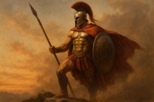 Epic ancient Greek hoplite in bronze armor with crested helmet shield and spear on rocky battlefield at sunset realistic illustration