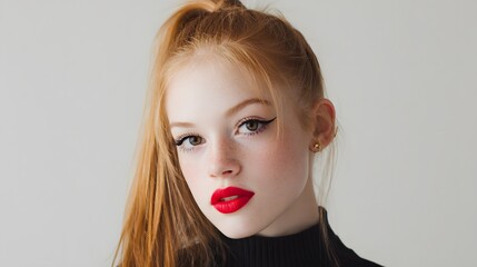 Stunning redhead with striking red lipstick, winged eyeliner, and freckles, against a plain backdrop. Chic and sophisticated beauty.