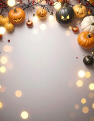 Halloween themed background with pumpkins and bokeh effect.