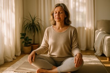 Serene middle aged woman meditating in sunlit minimalist living room calm morning mindfulness wellness lifestyle natural light