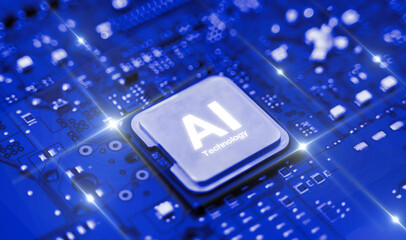 AI microchip installed on glowing blue motherboard, representing artificial intelligence technology and futuristic computing.