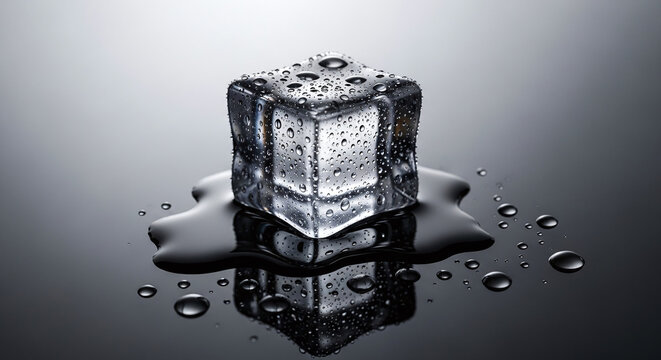 Melting Ice Cube Macro Shot Showing Refreshment Coolness and Hydration on a Black Reflective Surface with Droplets