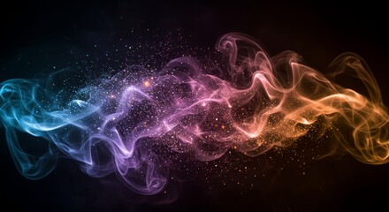 Abstract artwork of a vibrant smoke cloud swirling against a dark background. The gas transitions smoothly from deep blue to purple, pink, yellow, and orange, with scattered sparkles