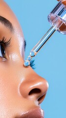 A woman gently dispenses an exfoliating serum from a glass pipette, the serum shimmering on her skin, framed by a subtle abstract backdrop of innovation.