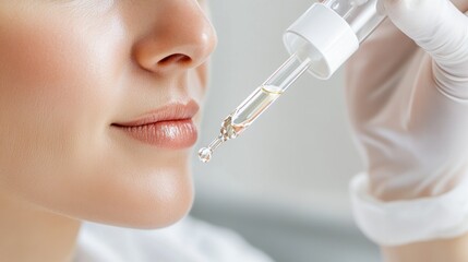 A close-up of a woman using a dropper to apply exfoliating serum, the glossy formula reflecting light against a refined, science-inspired abstract background.