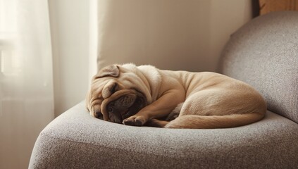 A pug dog is sleeping on a couch