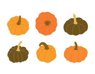 Set of colorful pumpkins in flat design style. Autumn harvest vector illustration perfect for Thanksgiving, Halloween, seasonal decorations, and fall themes.