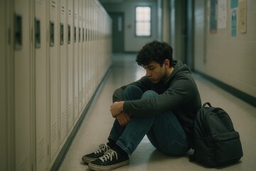 Teen student sitting alone by school lockers feeling excluded social pressure concept muted colors moody hallway candid documentary style education issue