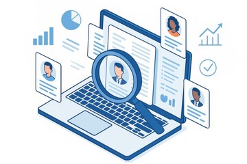 Modern recruitment concept magnifying glass over resumes and analytics dashboard searching qualified candidates talent pipeline hiring strategy solution for staffing shortage in business