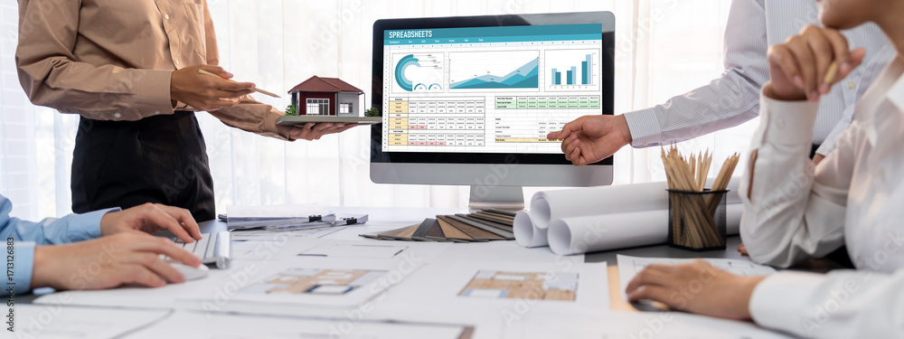 Poster group of interior architect designer discussing together on blueprint and laptop screen display arch