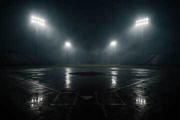 Rain soaked baseball field under towering stadium lights with misty empty stands and cinematic night atmosphere a quiet sports moment before the first pitch