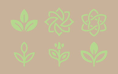 Fototapeta premium Collection of six stylized green botanical and floral line art icons