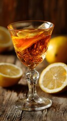 Elegant crystal glass filled with amber liquid and citrus slices, displayed on rustic wooden surface surrounded by lemons.