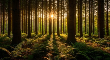Fototapeta premium Golden sunlight streams through a dense forest, illuminating ferns and towering trees.