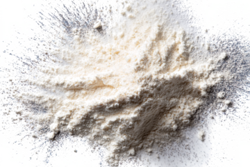Close-up shot of a white powder explosion, showcasing texture and detail against a white background.
