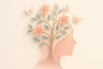 Blooming mind silhouette growing a tree of flowers and butterflies symbolizing self care resilience mindfulness and creative neuroplasticity in uplifting pastel style