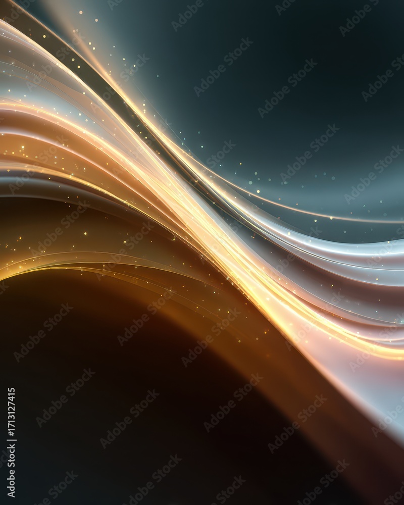 Poster luminous golden waves - abstract flowing light with subtle sparkles on dark background.
