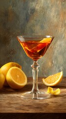A cocktail in an elegant glass with oranges. Perfect for an evening drink. A perfect cocktail drink for relaxing on vacation or the holidays.