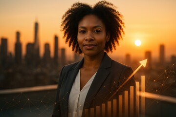 Ambitious Black entrepreneur smiling at skyline during golden hour double exposure of rising financial graphs city lights and bokeh symbolizing vision leadership growth and success